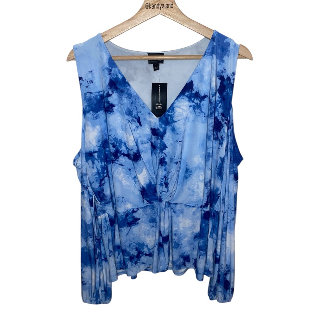 🆕 INC INTERNATIONAL CONCEPTS Blue Carrie Tie Dye Open Shoulder Women’s Top